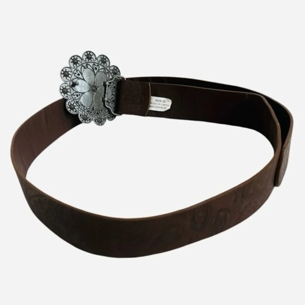 Women Brown Embossed Leatherette Belt Flower Rhinestone Metal Buckle 36